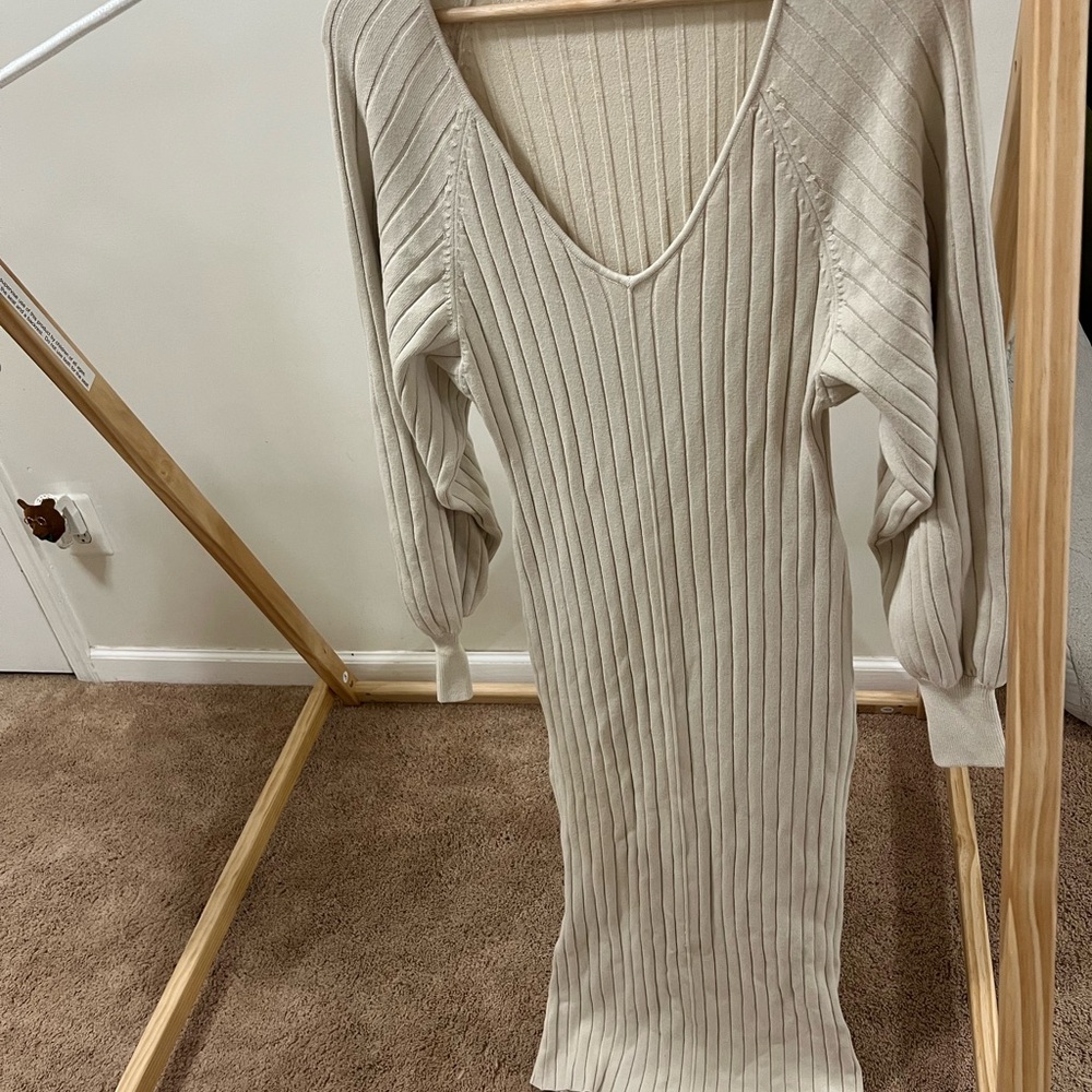Elegant Cream Ribbed Knit Dress